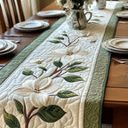 White Magnolia Branch with Green Border Table Runner
