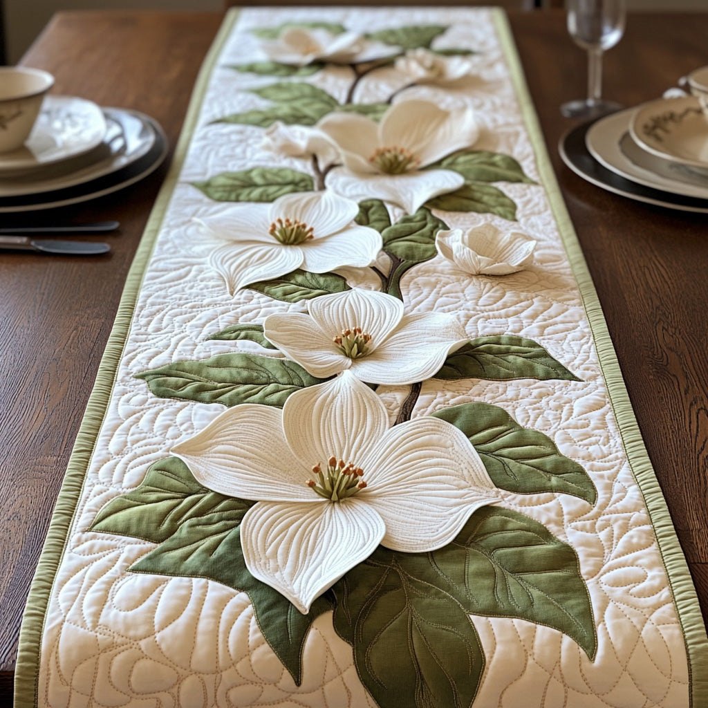 White Dogwood Blossoms on Sage Trim Table Runner