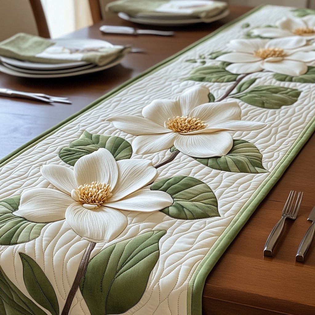 Large White Magnolia with Broad Leaves Table Runner
