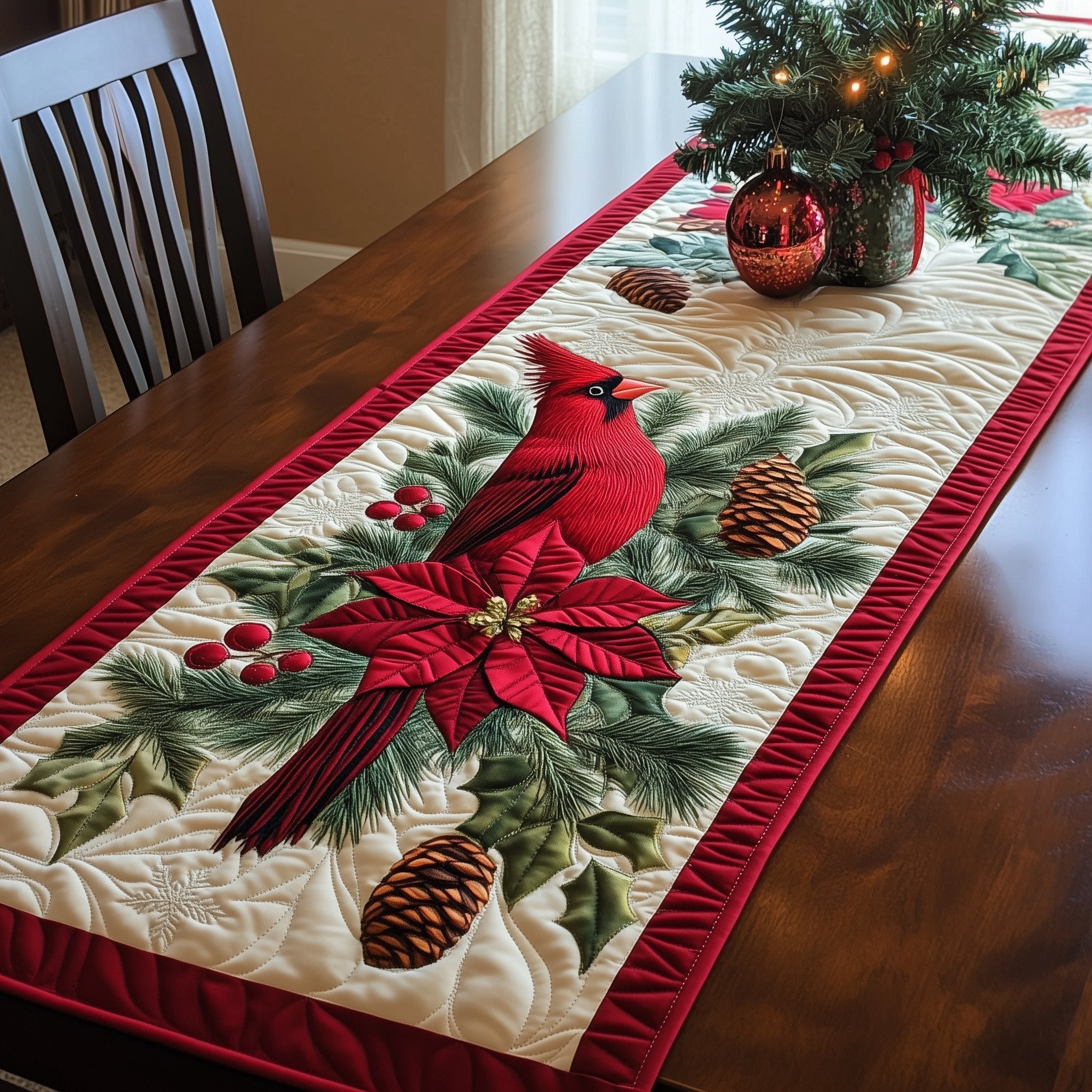 Cardinal Among Poinsettias and Pinecones Table Runner