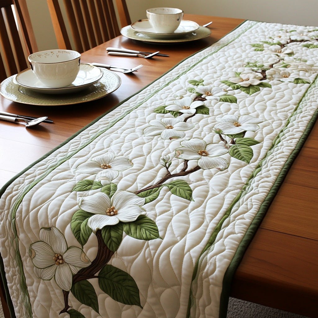 Scattered Dogwood Flowers on Cream Table Runner