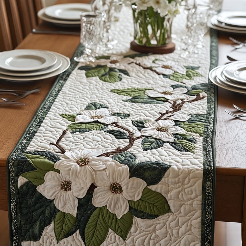 Dogwood Branch with Forest Green Border Table Runner