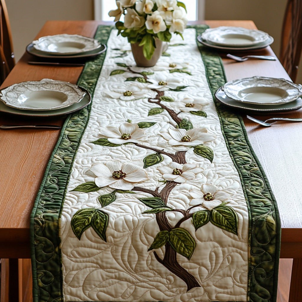 White Dogwood Vine with Green Edging Table Runner