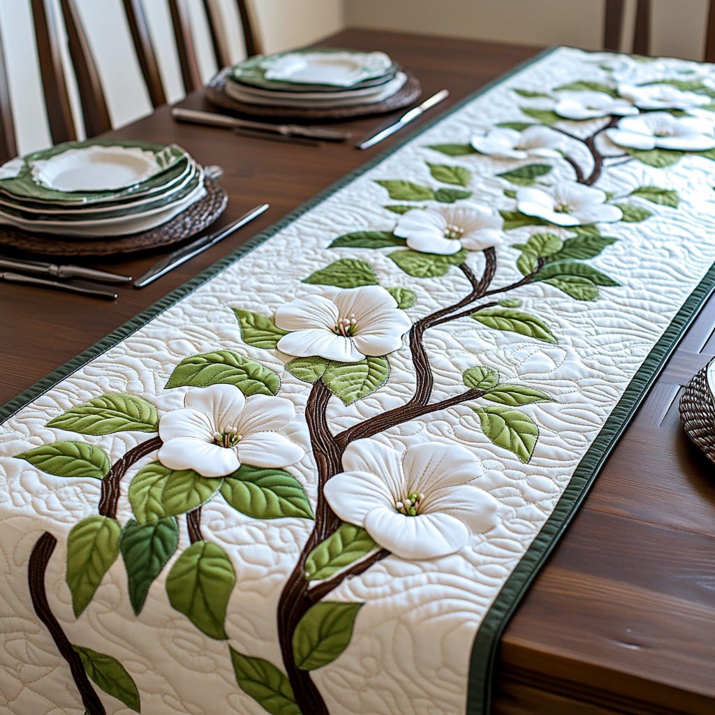 Bold Dogwood Blooms and Leaves Table Runner