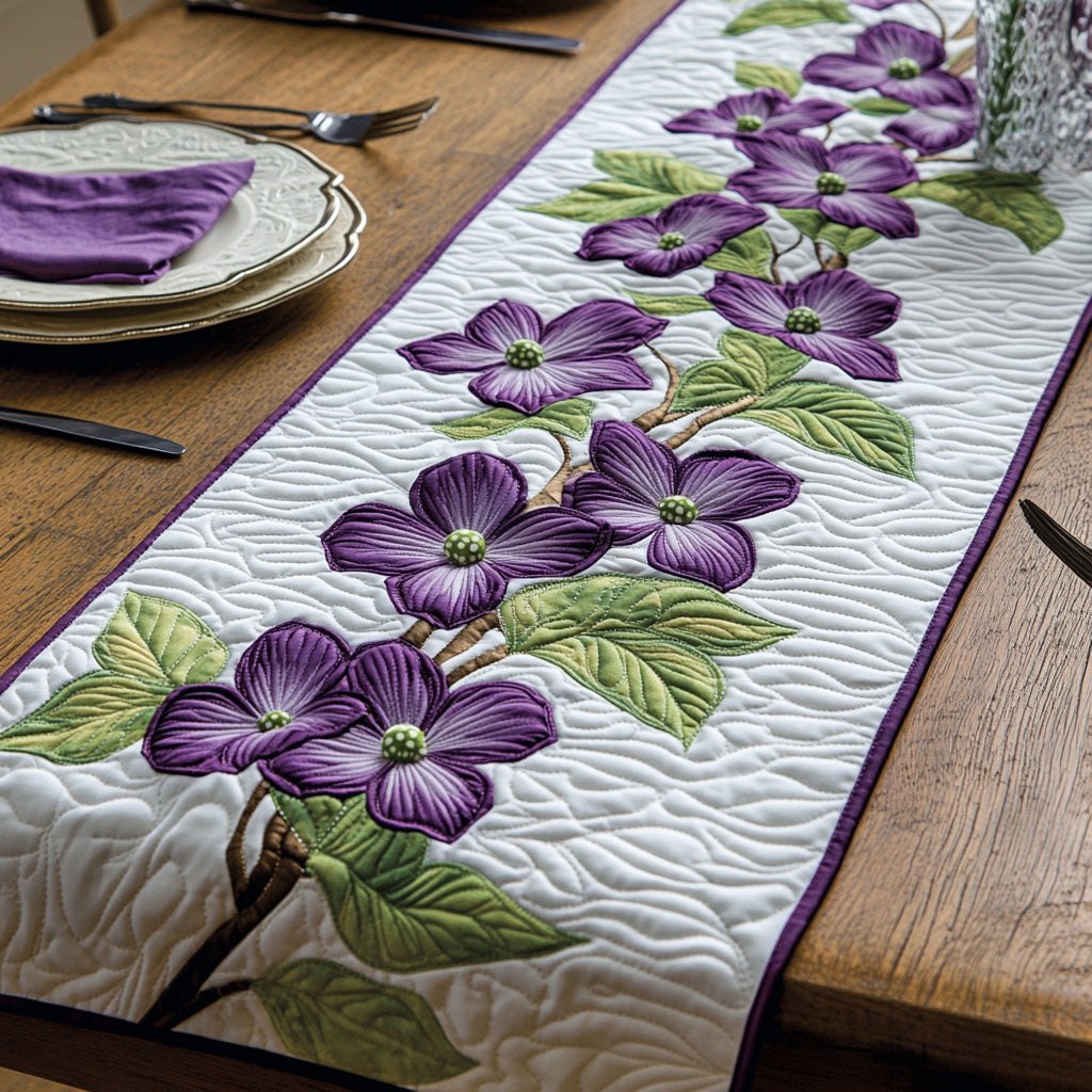 Violet Dogwood Cluster on Cream Table Runner