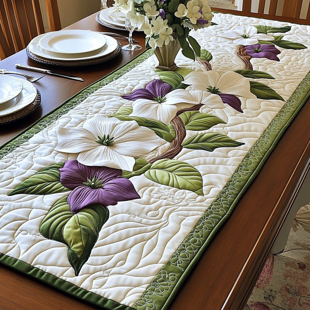 Big Purple Petals with Green Leaves Table Runner