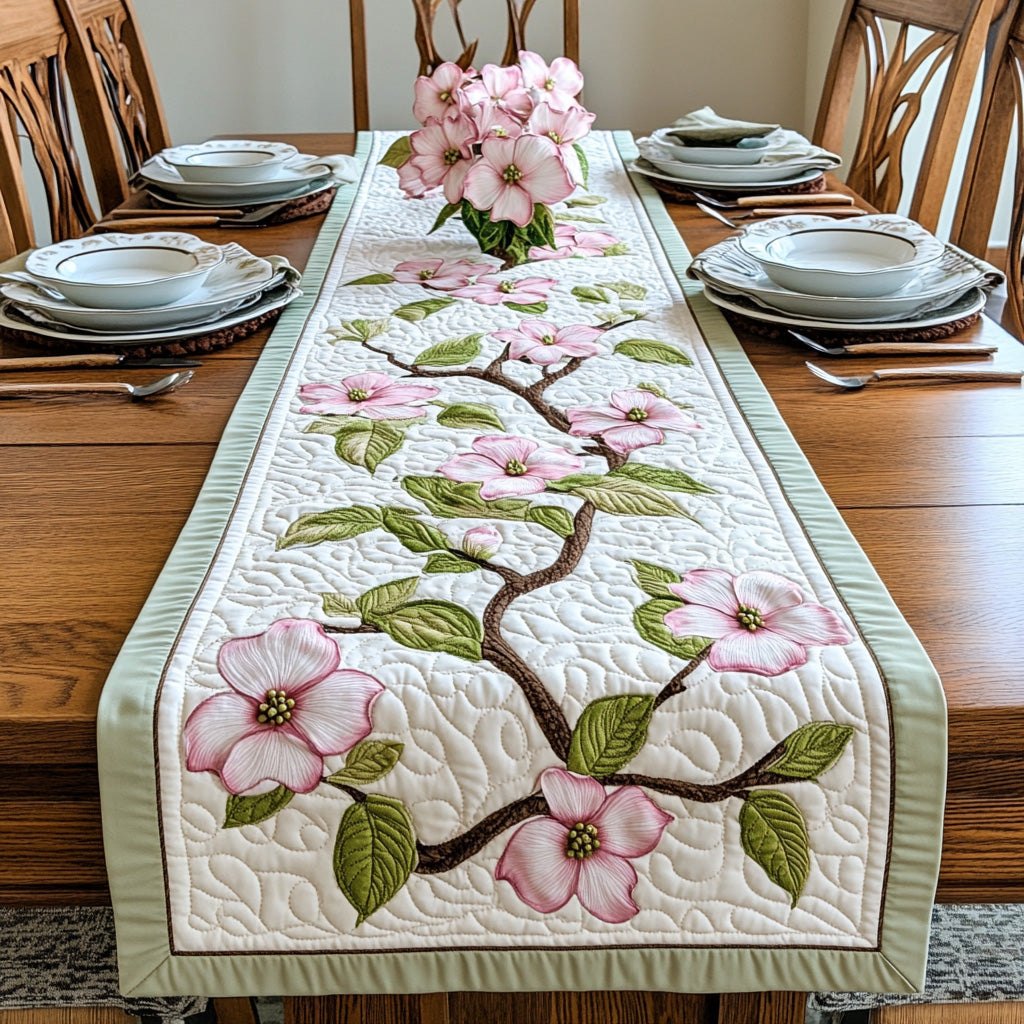 Pink Dogwood Blossoms with Green Trim Table Runner