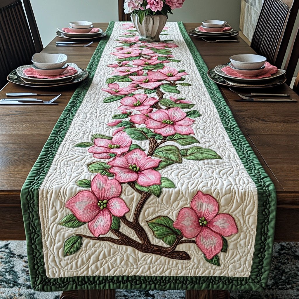 Pink Blossom Branch on Emerald Border Table Runner