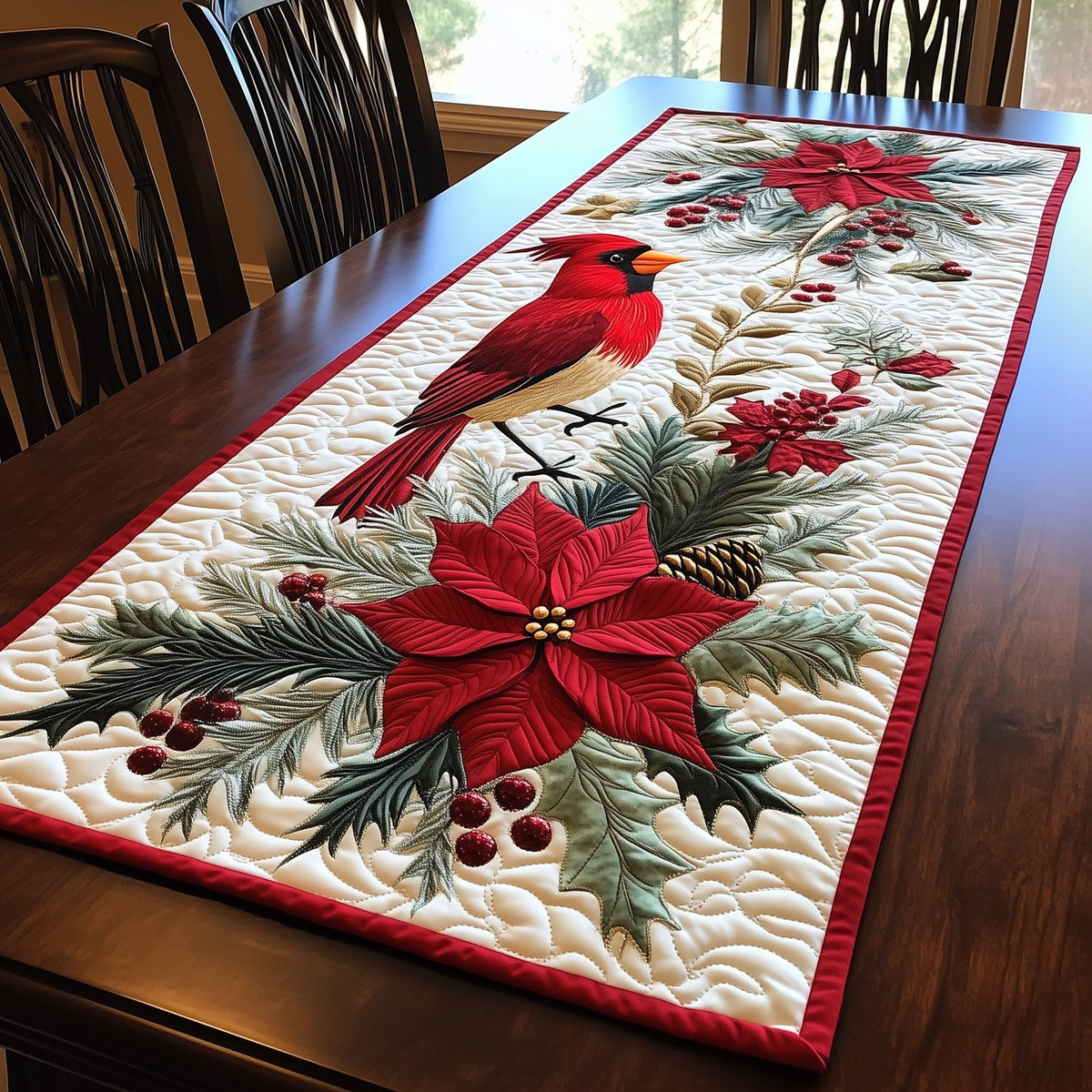 Cardinal on a Poinsettia Branch Table Runner