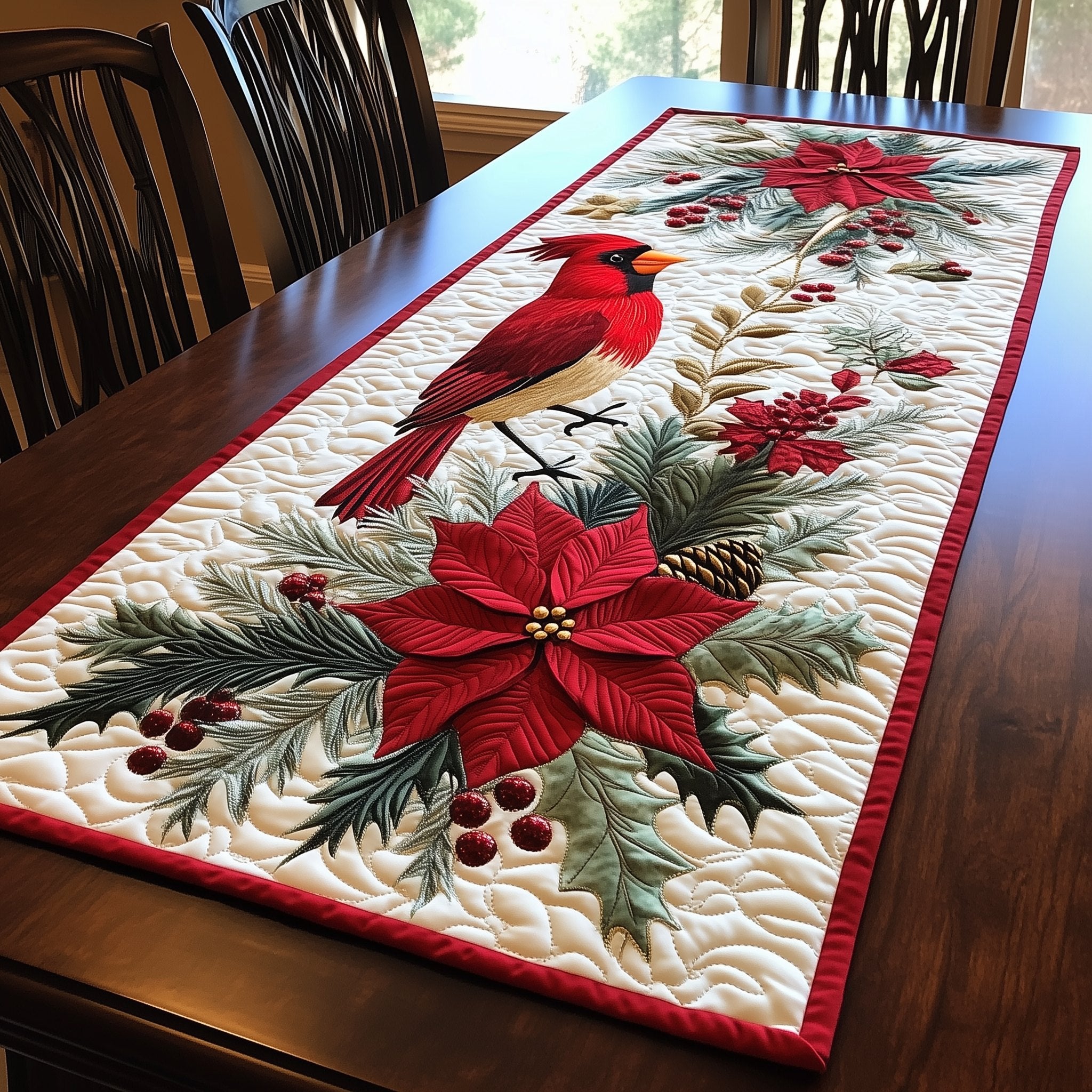 Cardinal on a Poinsettia Branch Table Runner