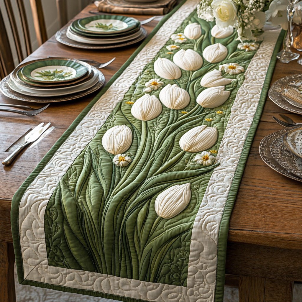 White Tulips on Green Field Table Runner