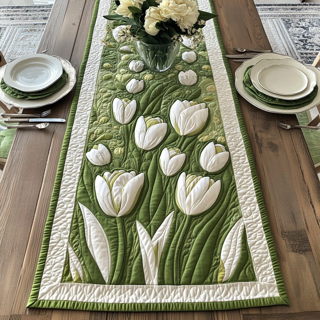 White Tulip Row with Green Leaves Table Runner