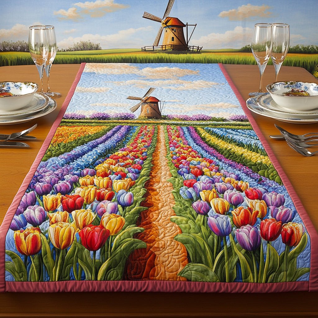 Tulip Fields with a Windmill Table Runner