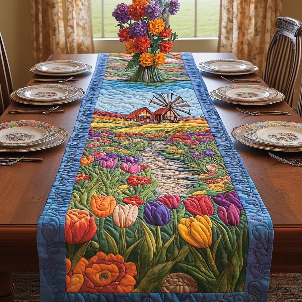 Rows of Tulips Under Blue Sky Table Runner