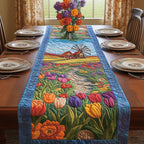Rows of Tulips Under Blue Sky Table Runner