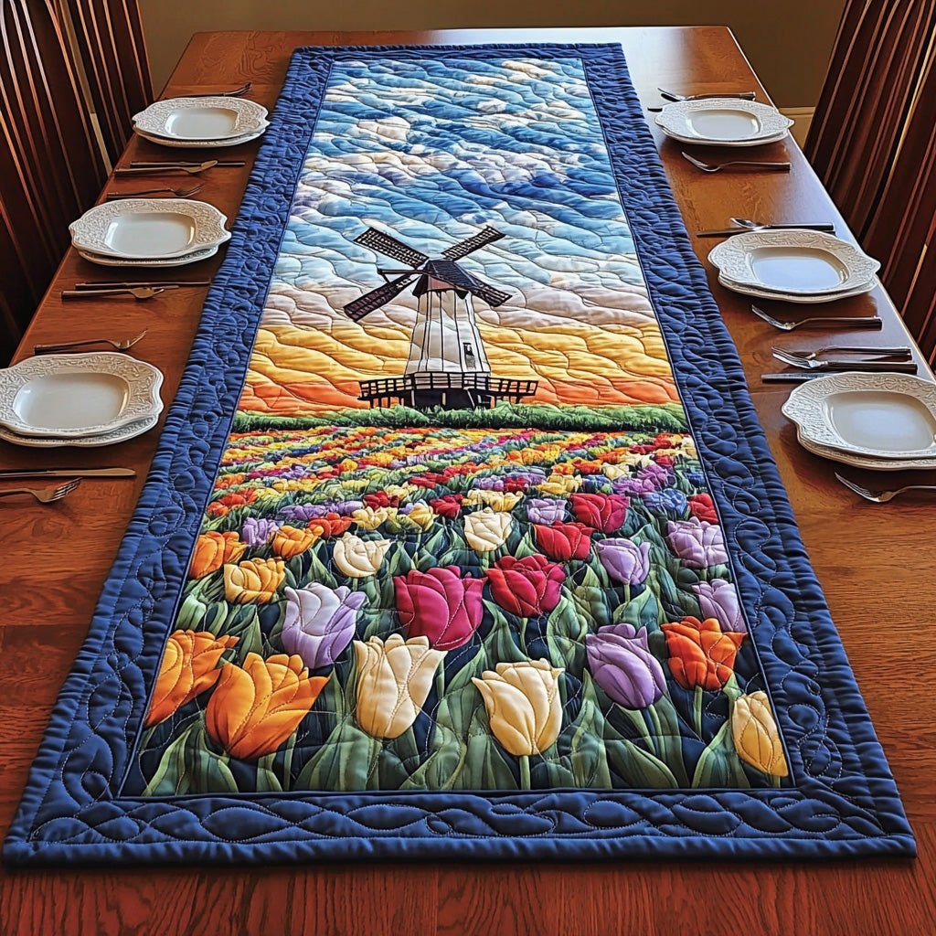 Windmill Above the Tulip Rows Table Runner