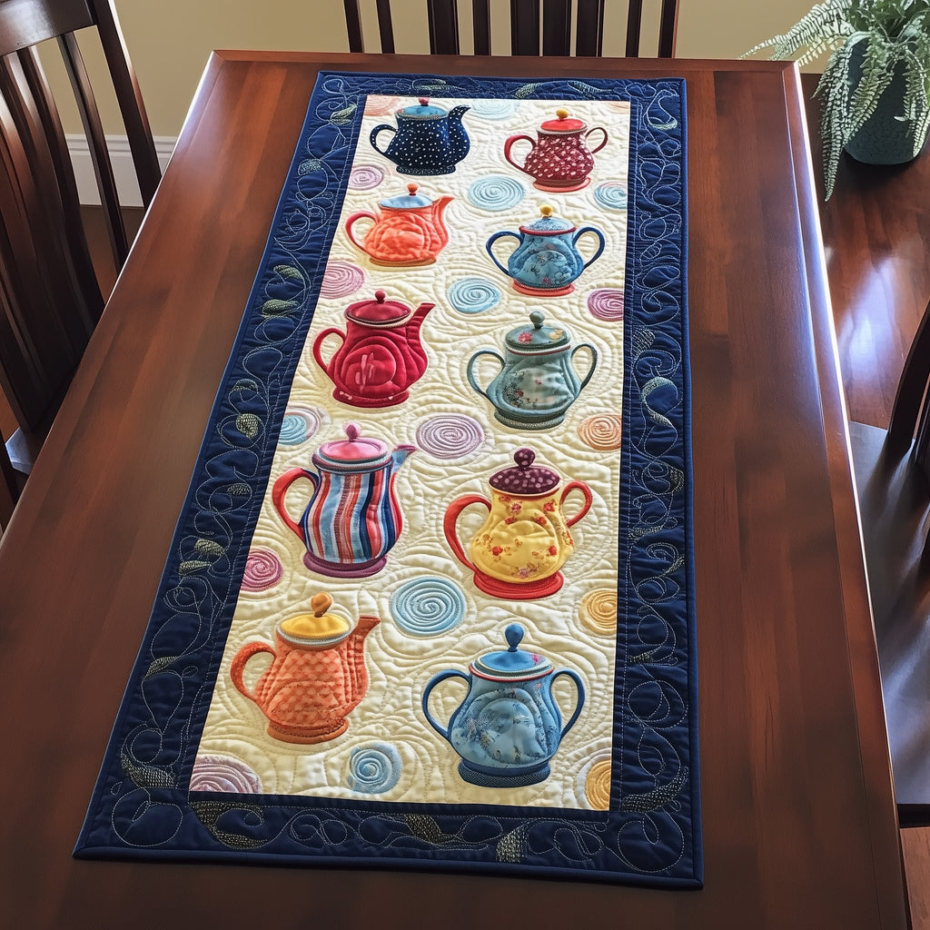 Colorful Teapots on Blue Border Table Runner