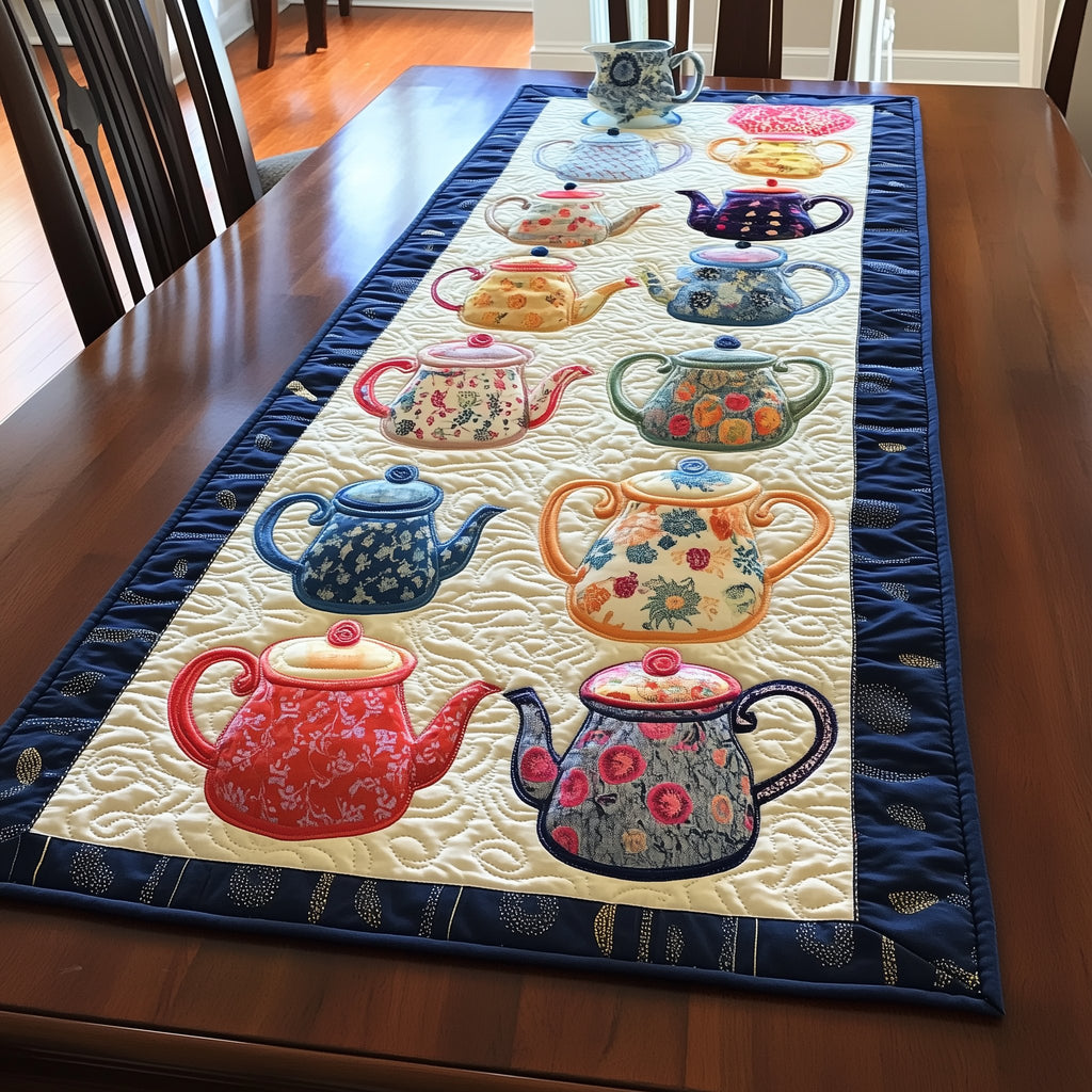 Painted Teapots on Cream Panel Table Runner