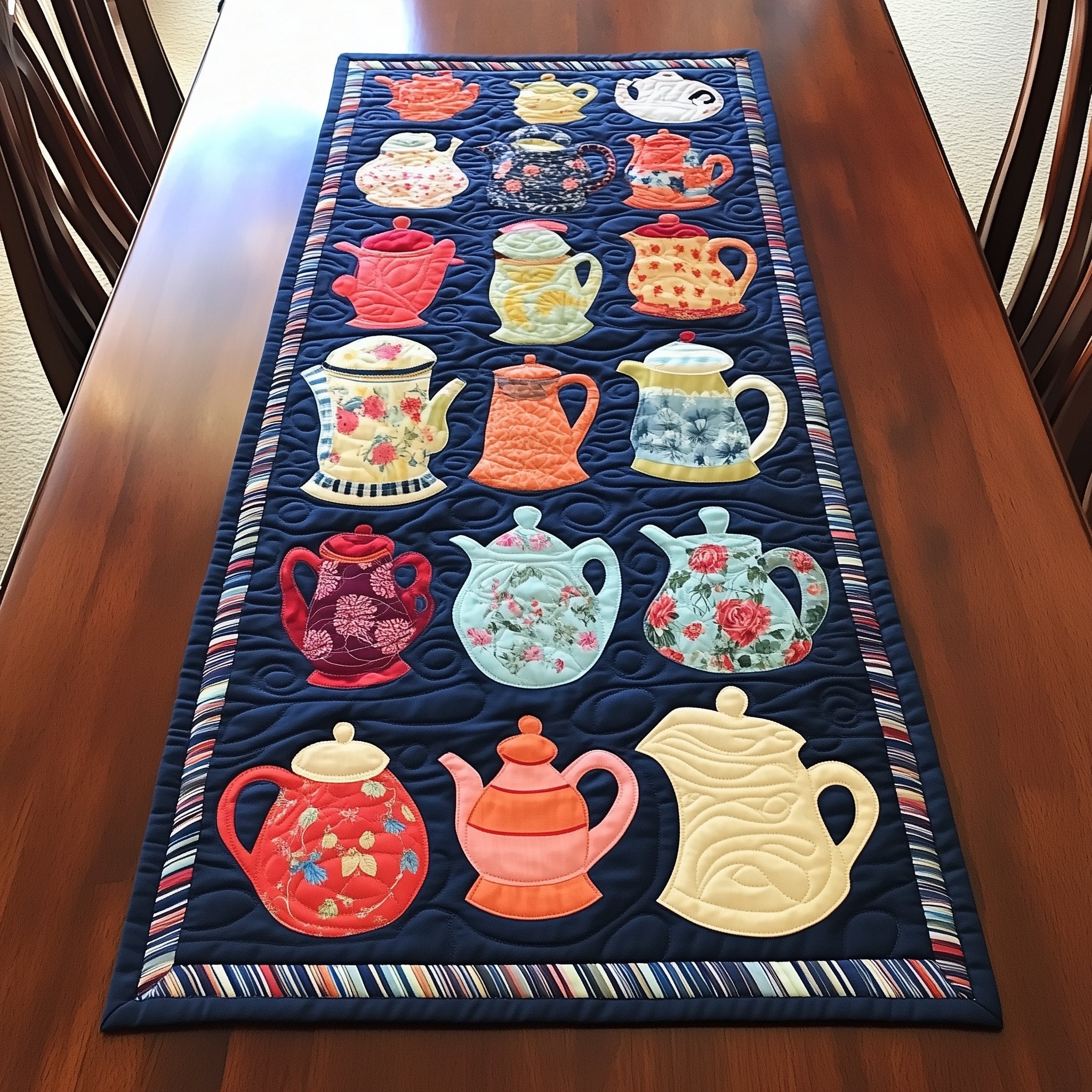 Teapot Rows on Navy Quilting Table Runner