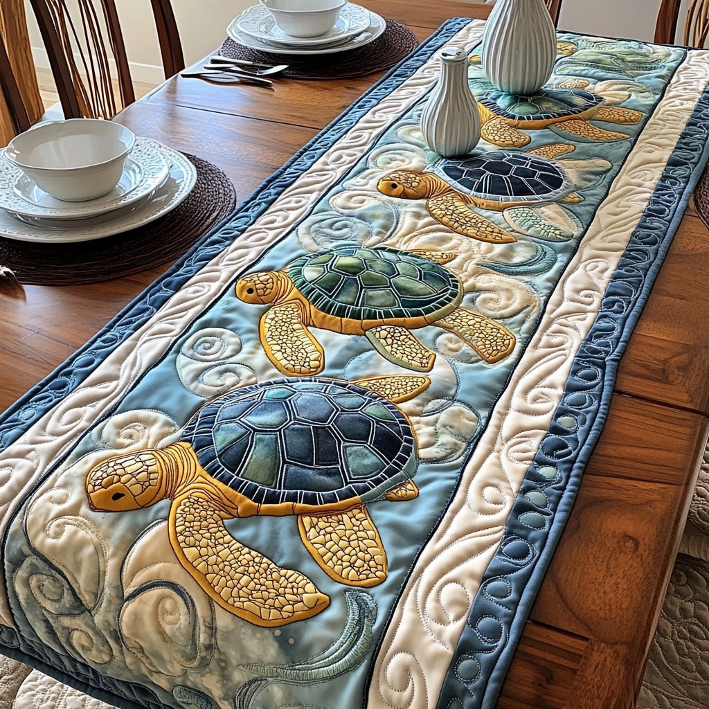 Gold and Grey Turtles on Blue Table Runner