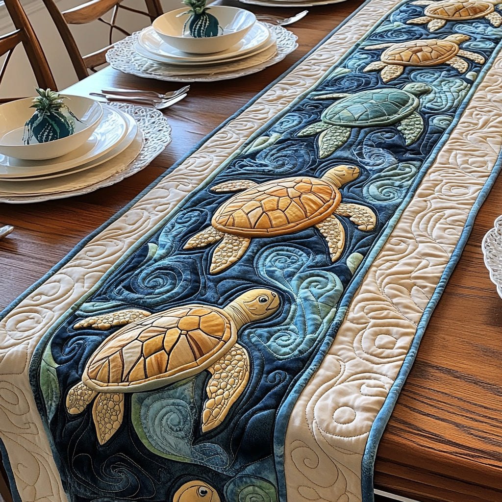 Golden Turtles on Navy Water Table Runner