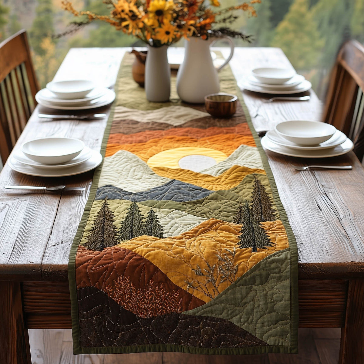 Muted Mountains with Pine Trees Table Runner