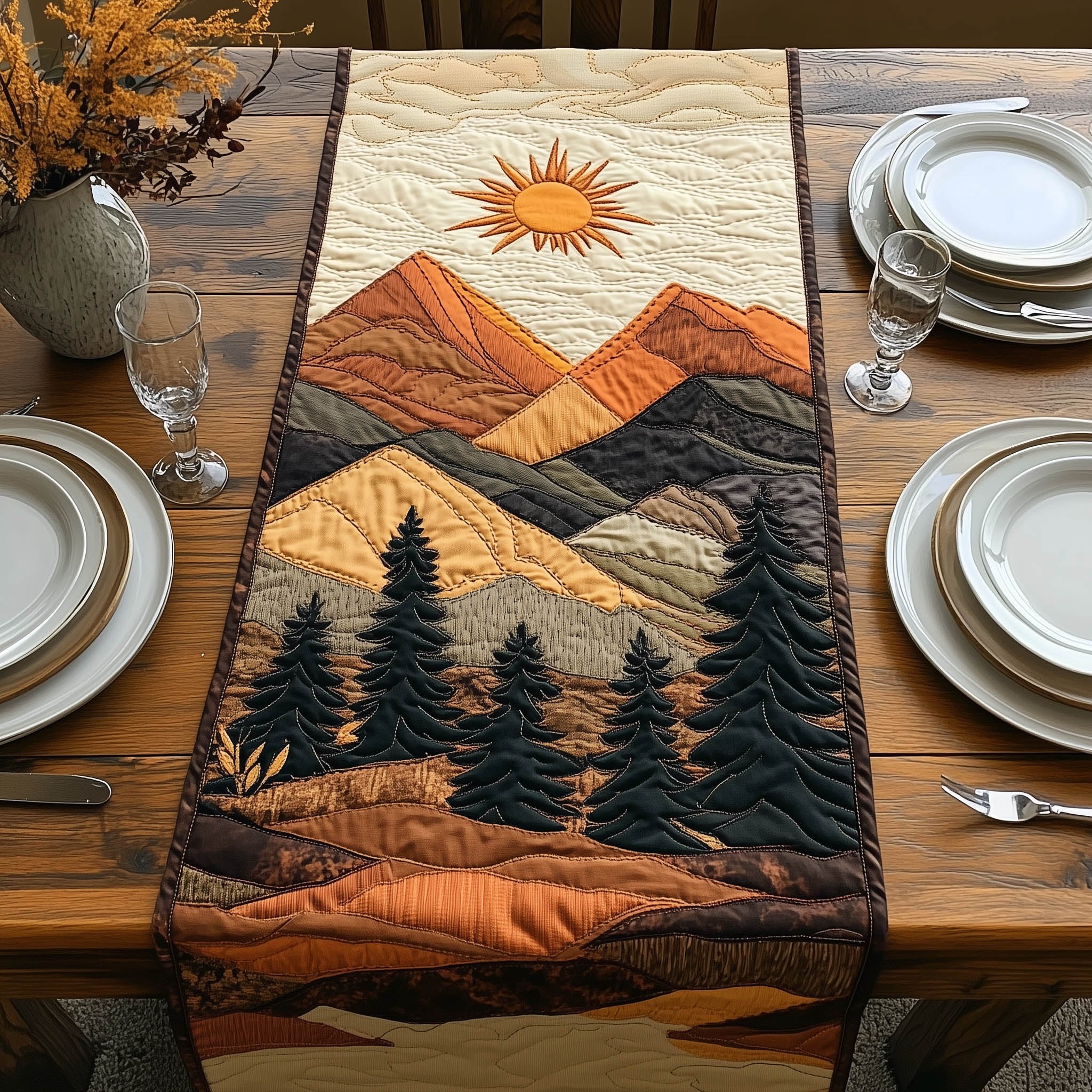 Pine Forest Below Amber Peaks Table Runner