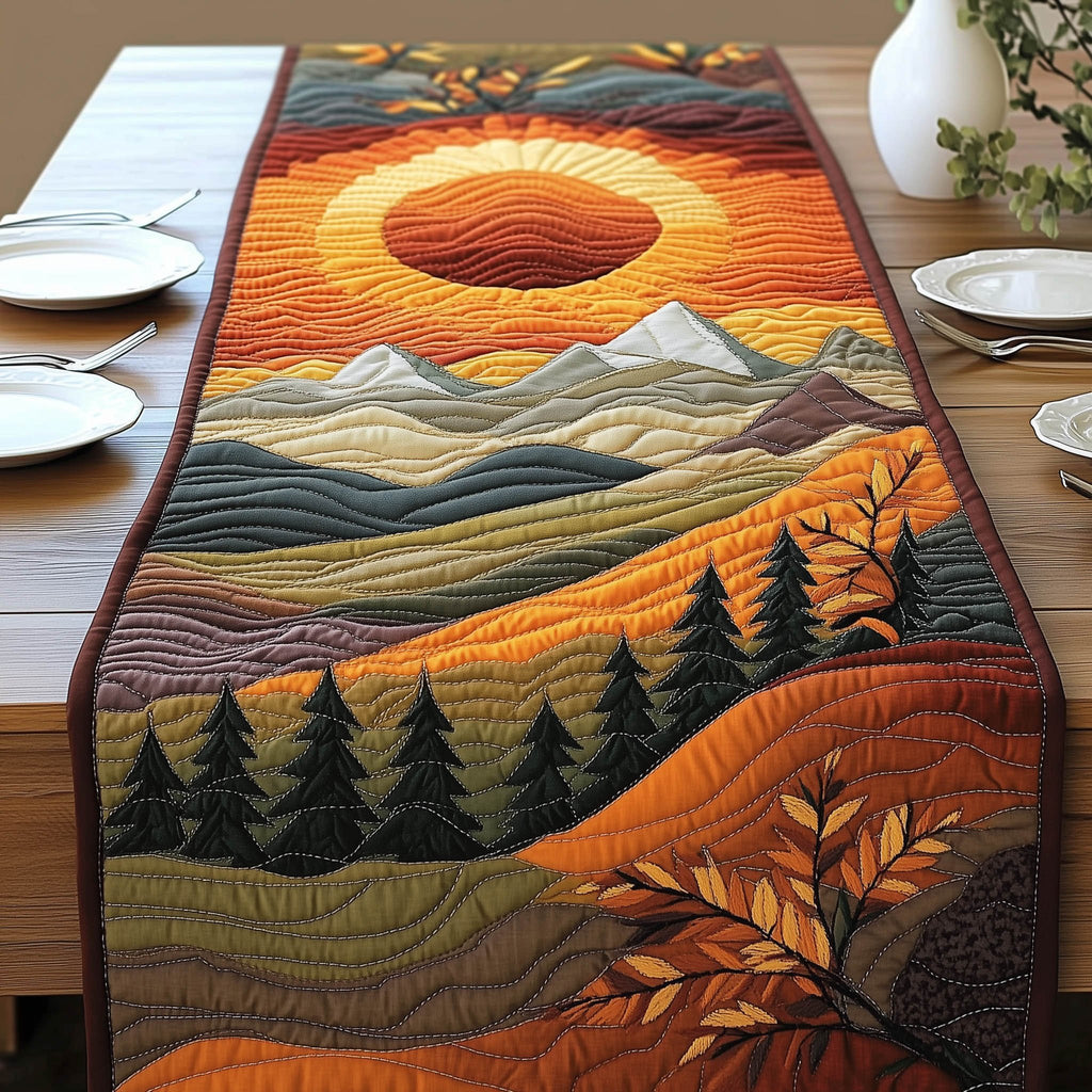 Orange Sun Over Mountain Pines Table Runner