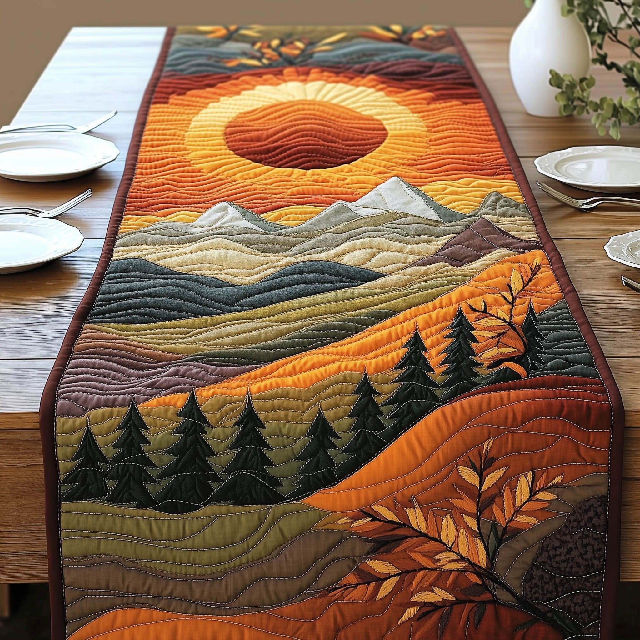 Orange Sun Over Mountain Pines Table Runner