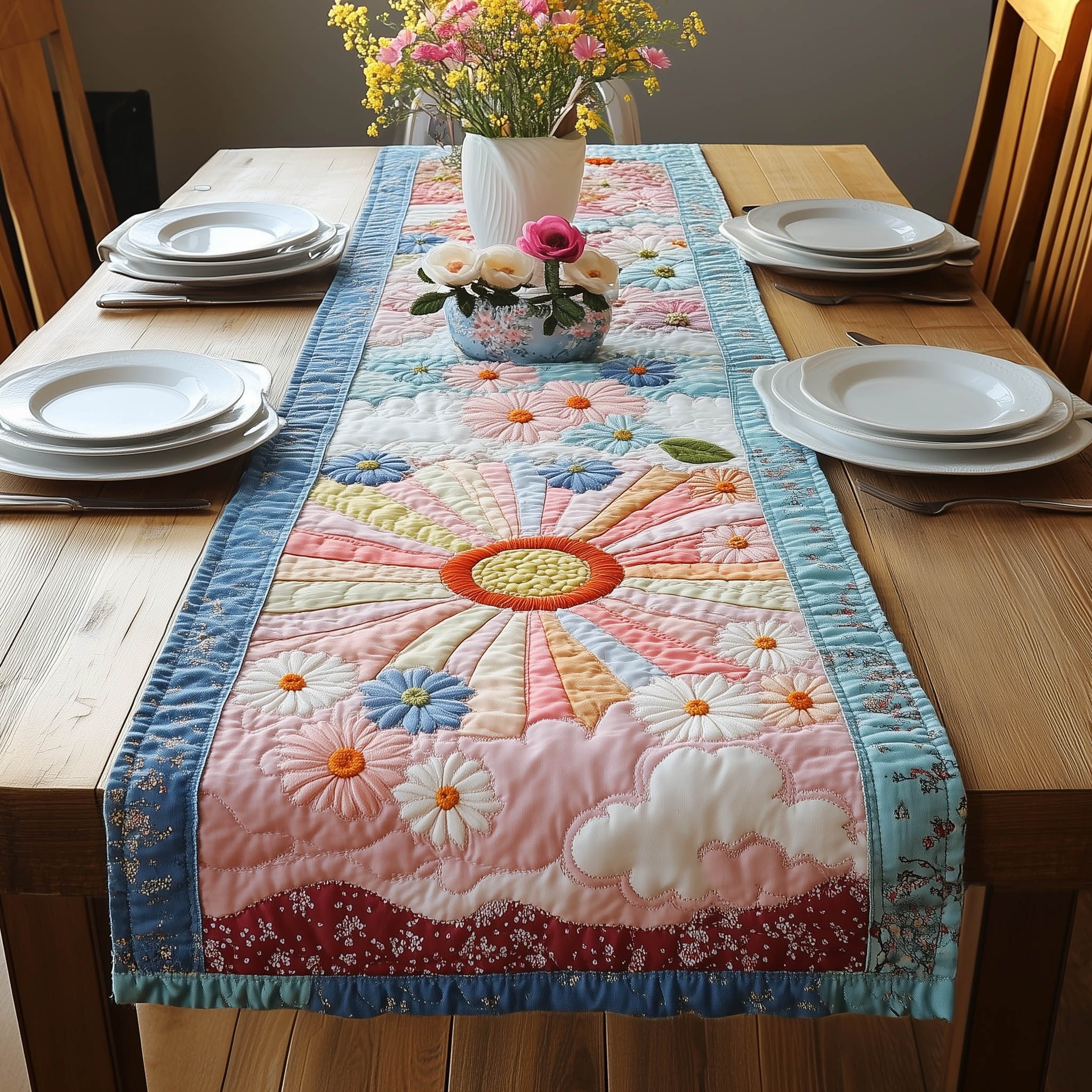 Pink Clouds and Daisies Under Sun Table Runner