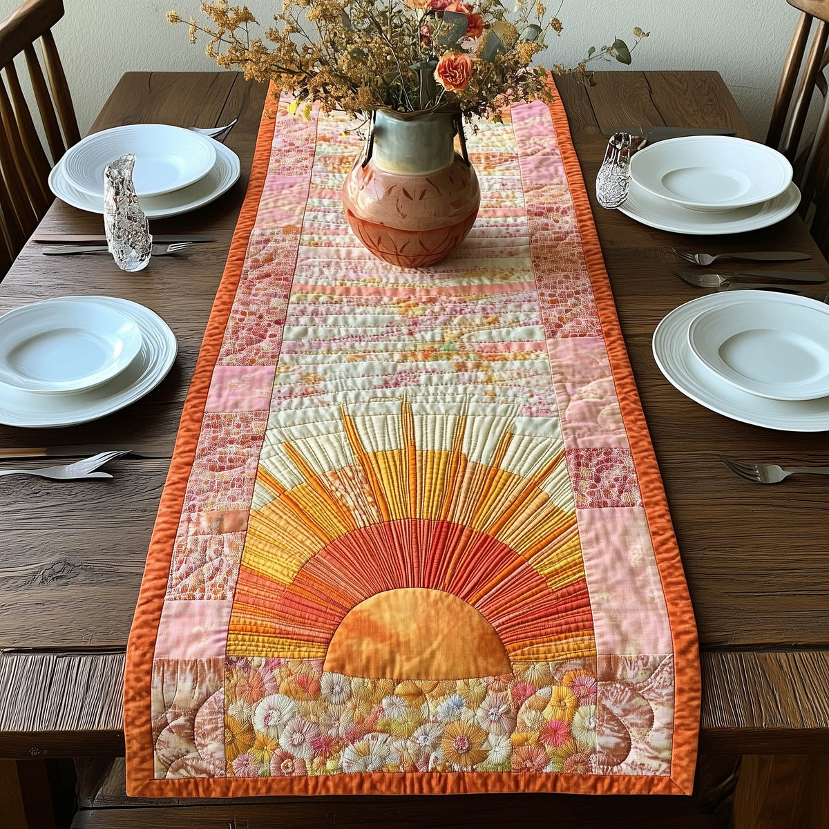 Peach Sunrise with Radiating Rays Table Runner