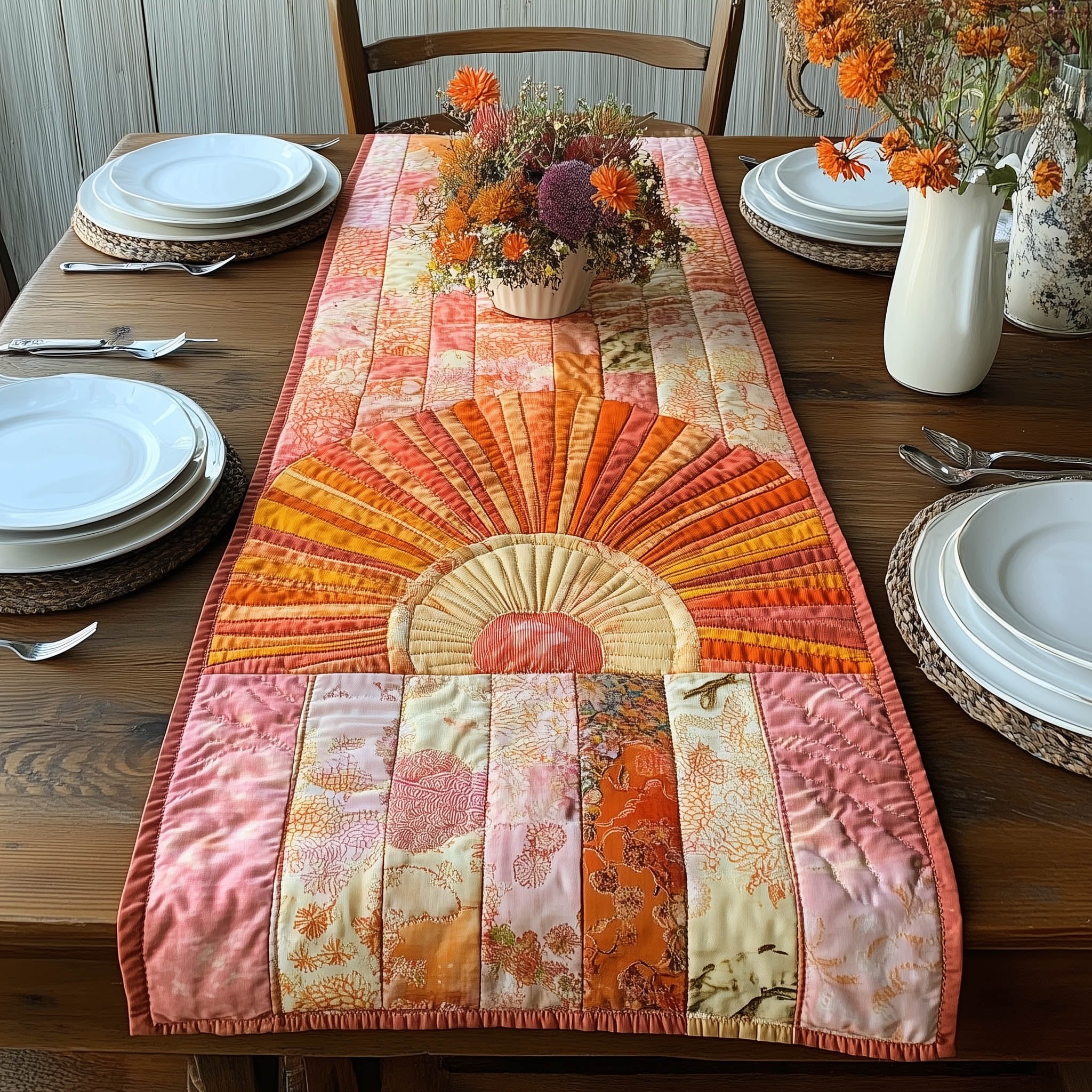 Orange Sunburst on Pink Patchwork Table Runner