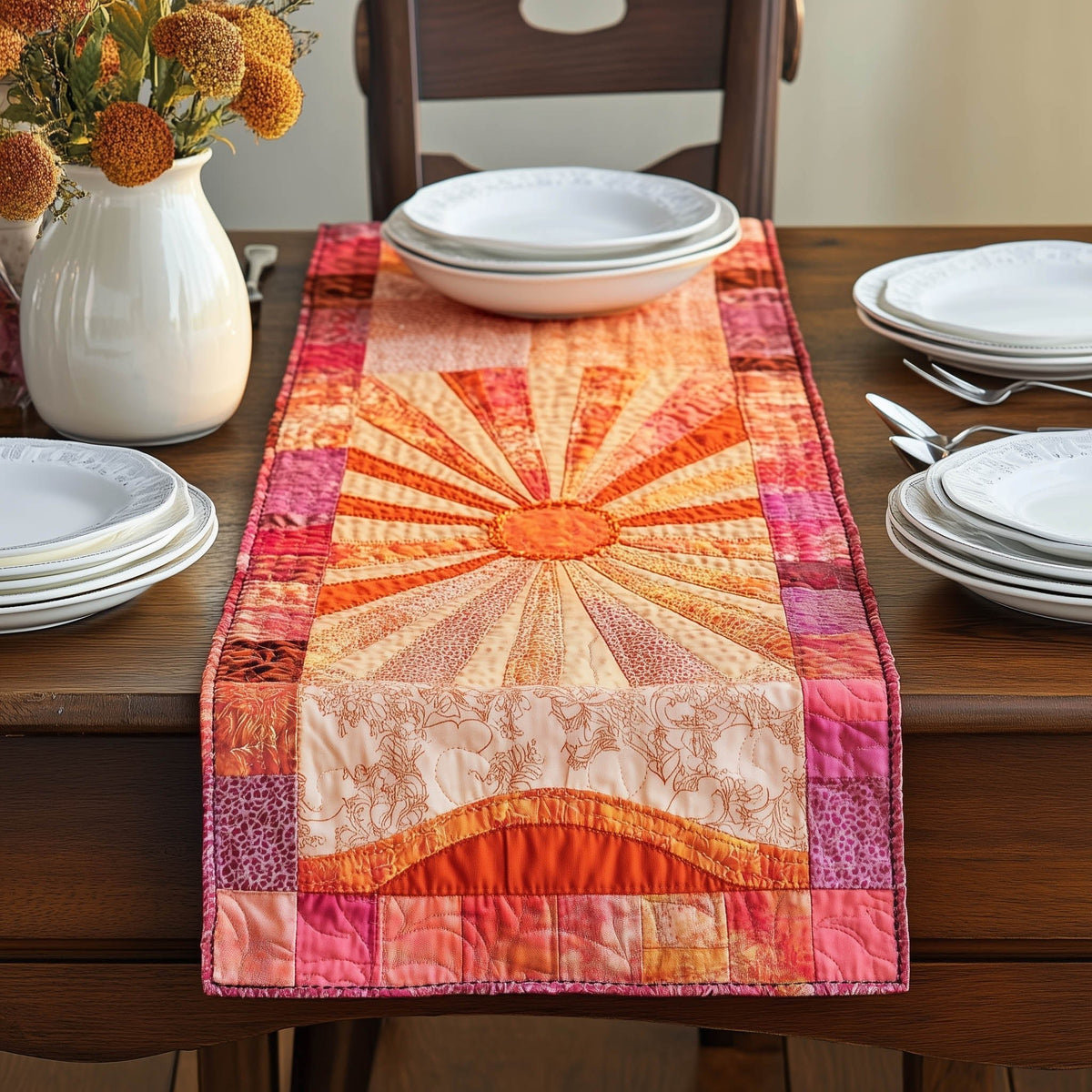 Coral Sun Rays on Ivory Panel Table Runner