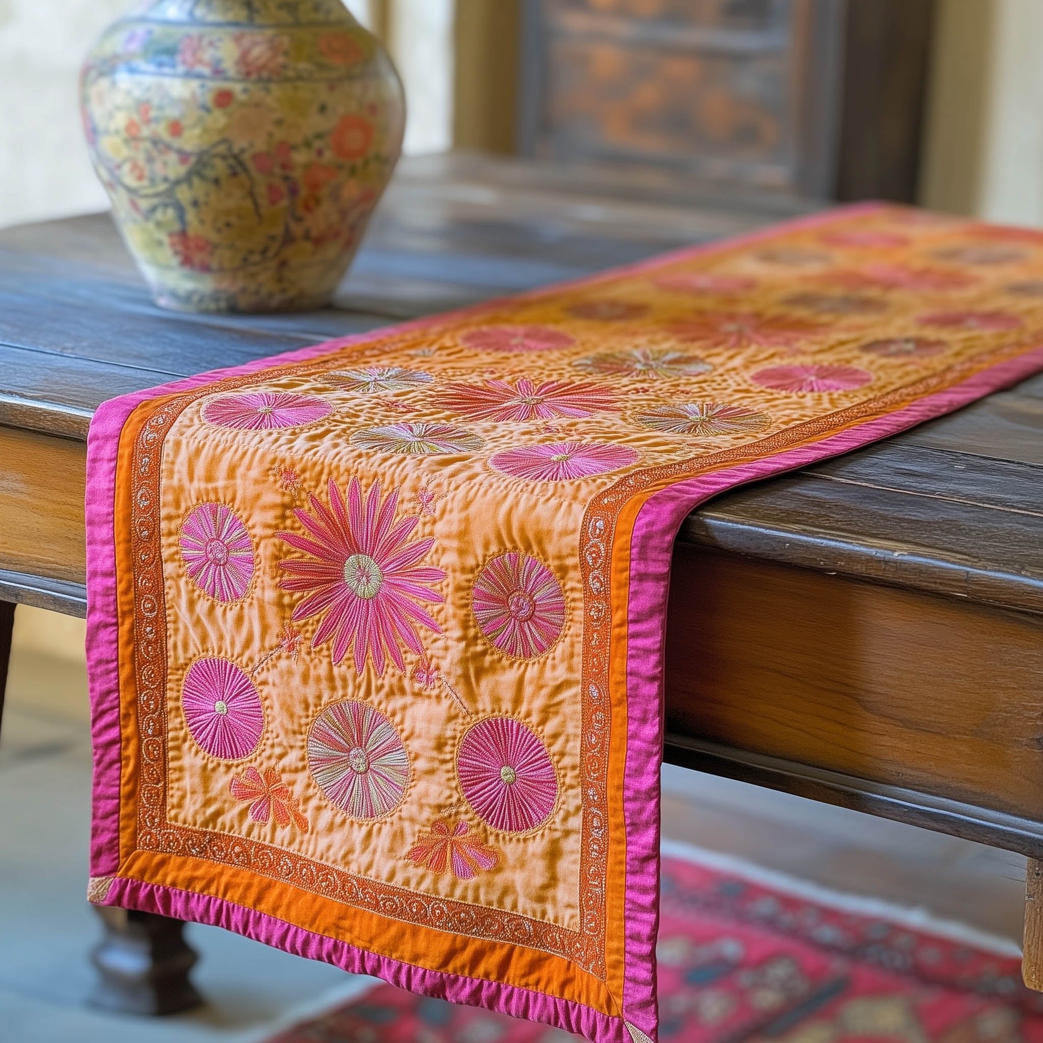 Pink Blossoms on Tangerine Stripes Table Runner