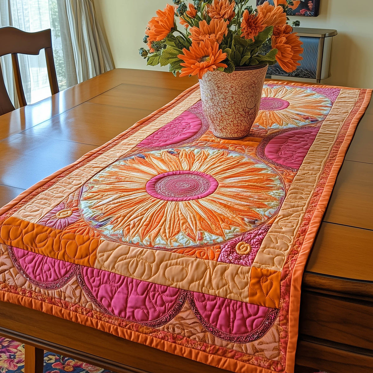 Orange Sun Medallion with Pink Scallops Table Runner