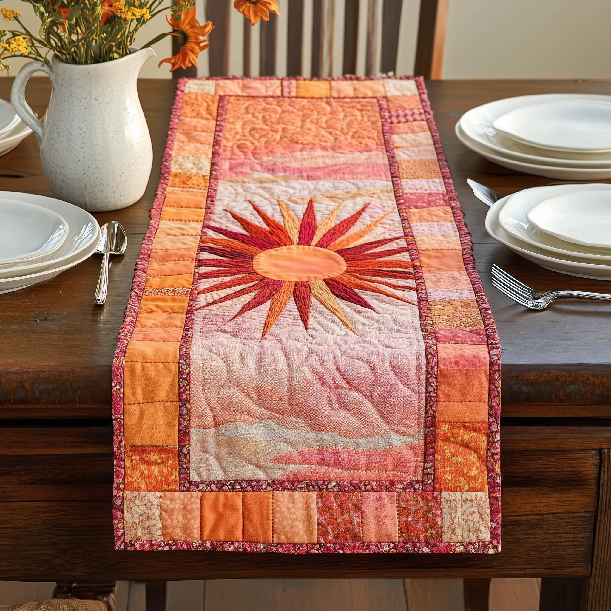 Red Star Sun on Peach Panel Table Runner