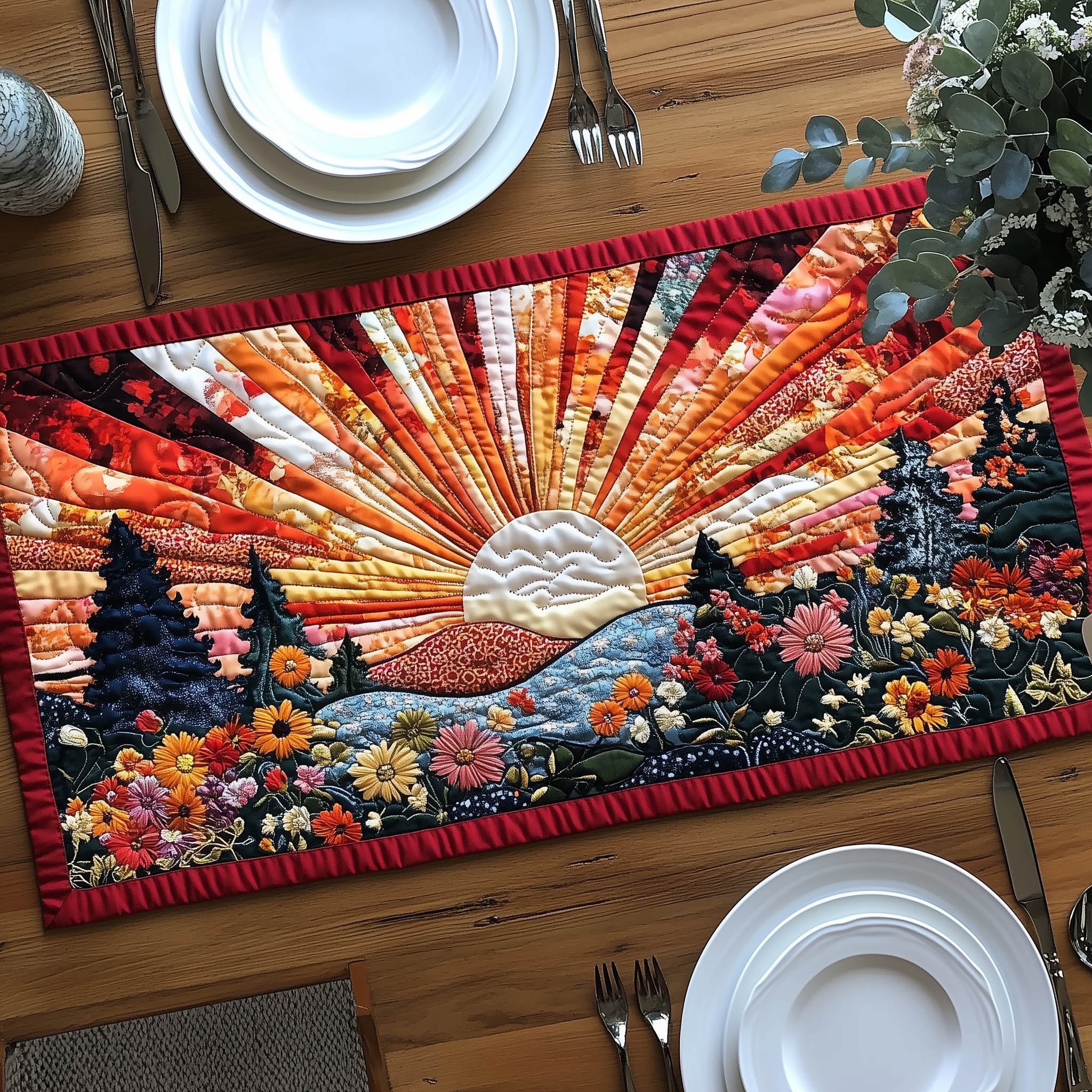 Sunburst Over Blue Floral Field Table Runner
