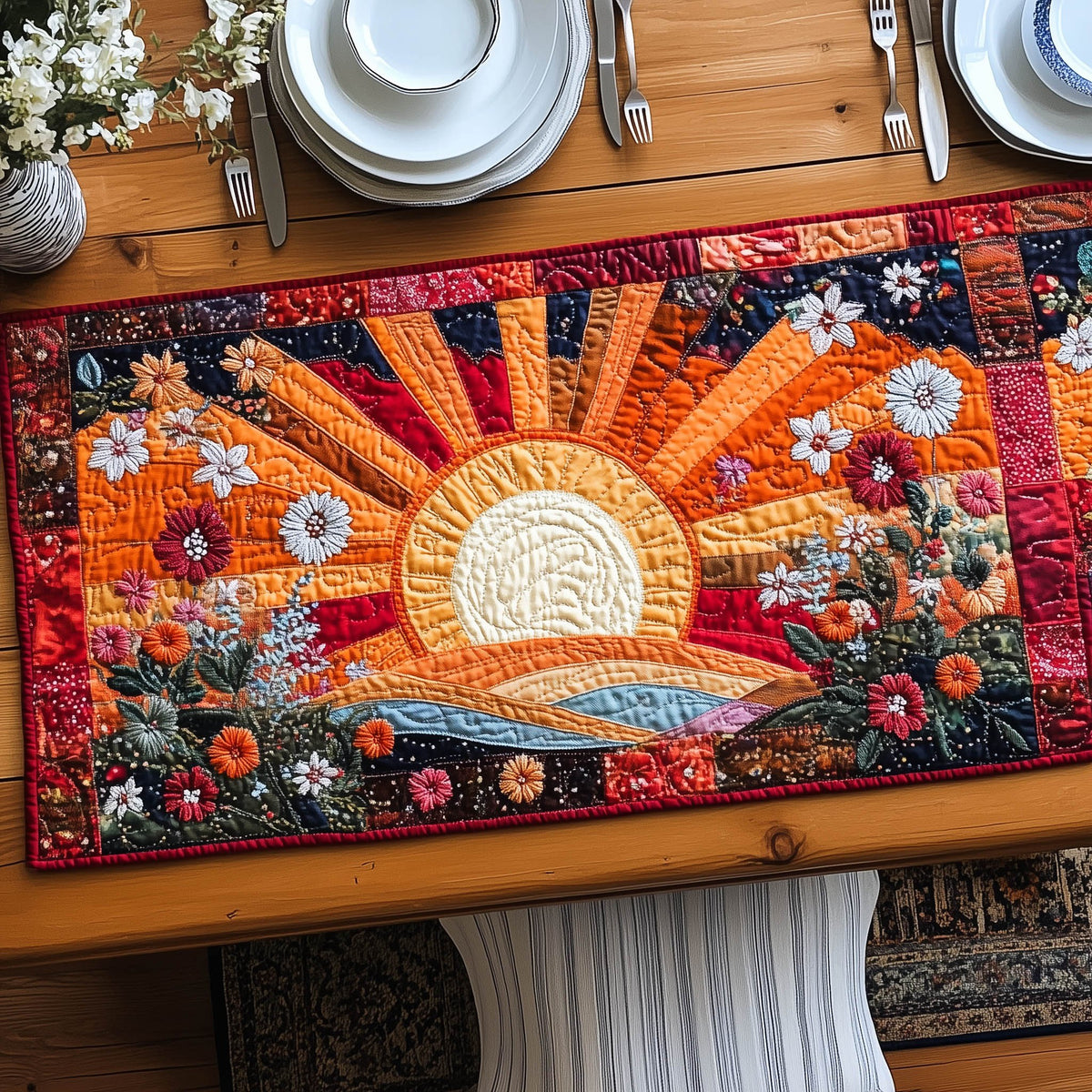 White Sun Rising Over Flower Field Table Runner
