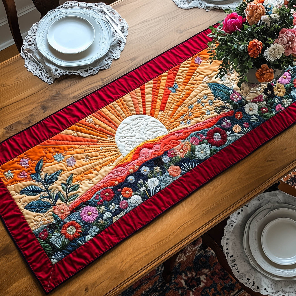 White Sun with Red Ray Border Table Runner
