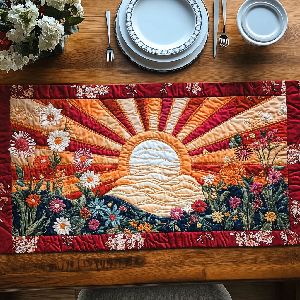 Crimson Sunrise Above Wildflowers Table Runner