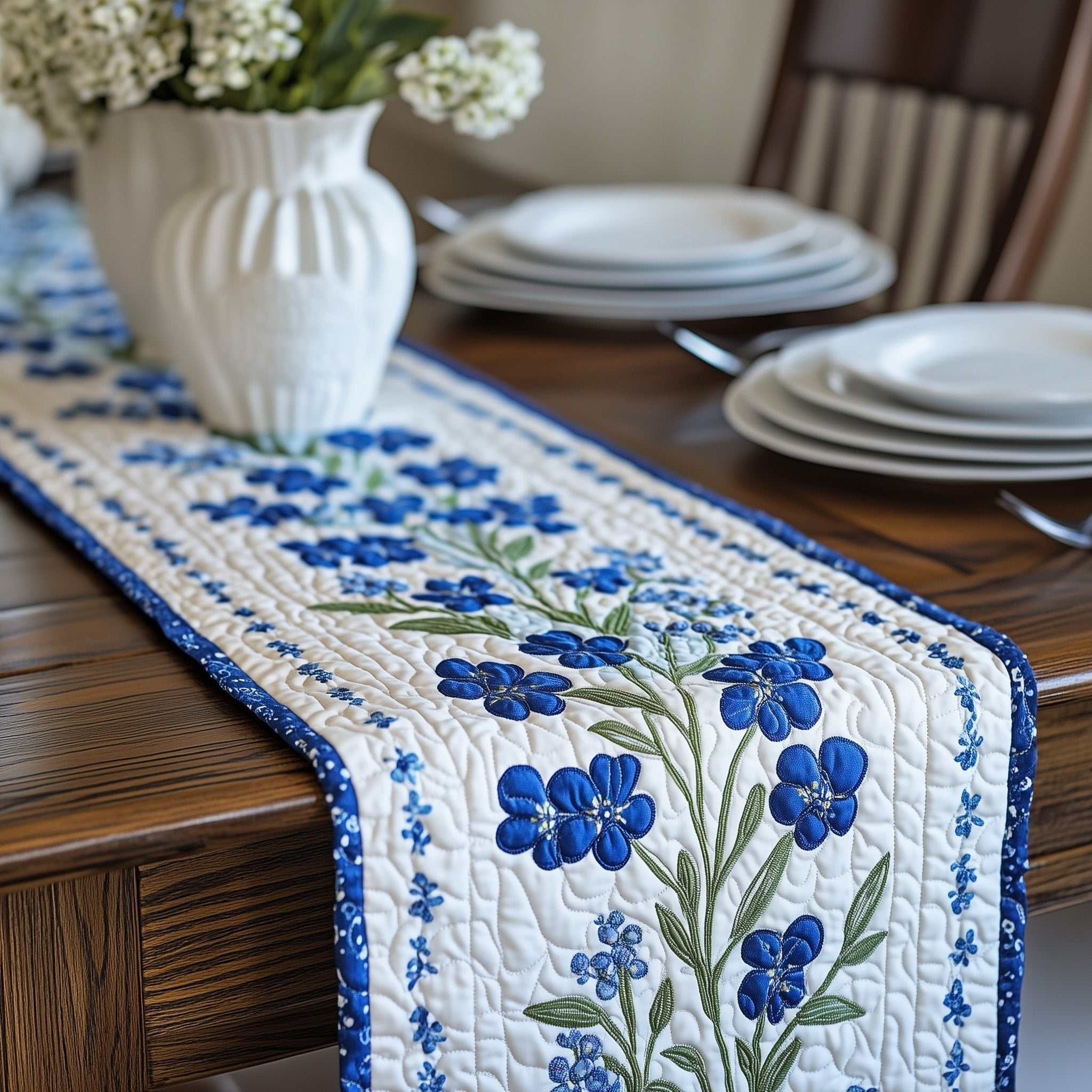 Bluebonnet Sprigs on White Panel Table Runner