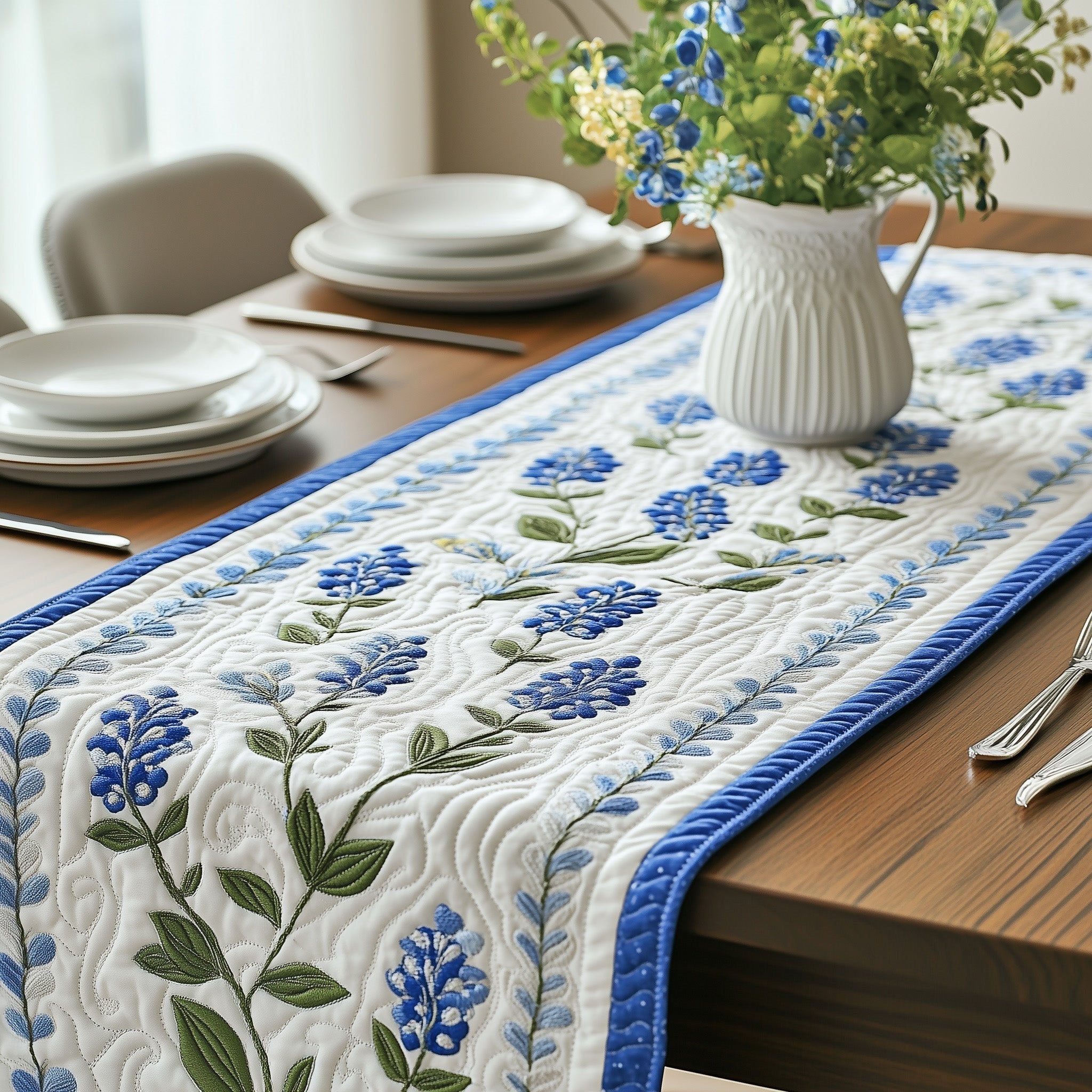 Bluebonnets on Cream with Green Leaves Table Runner