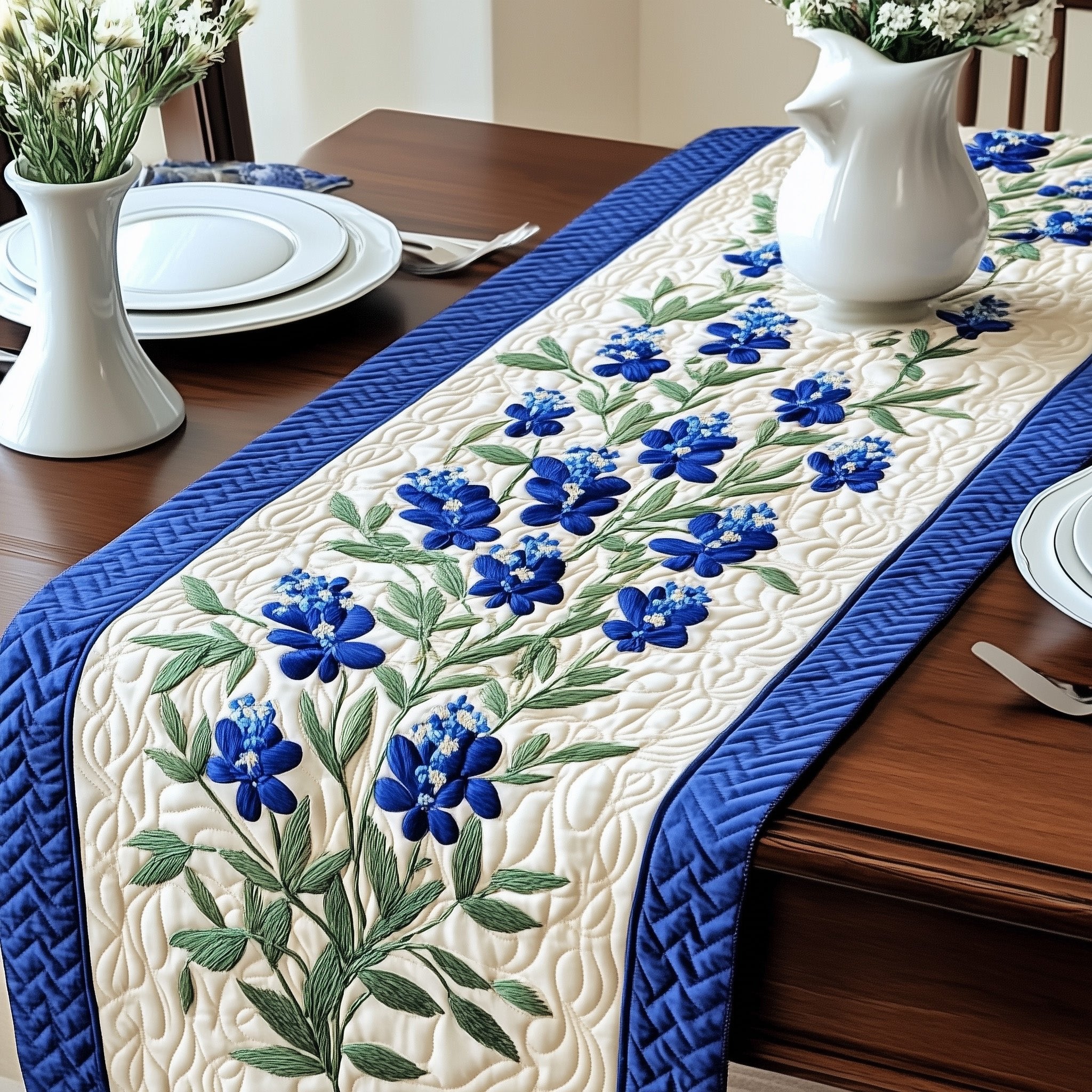 Bluebonnets with Braided Blue Border Table Runner