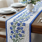 Bluebonnets on White with Blue Edge Table Runner