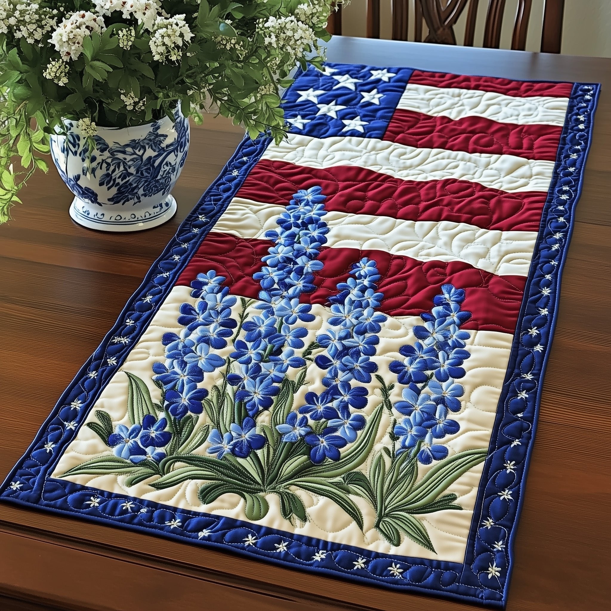 Bluebonnets on Flag Stripes Table Runner