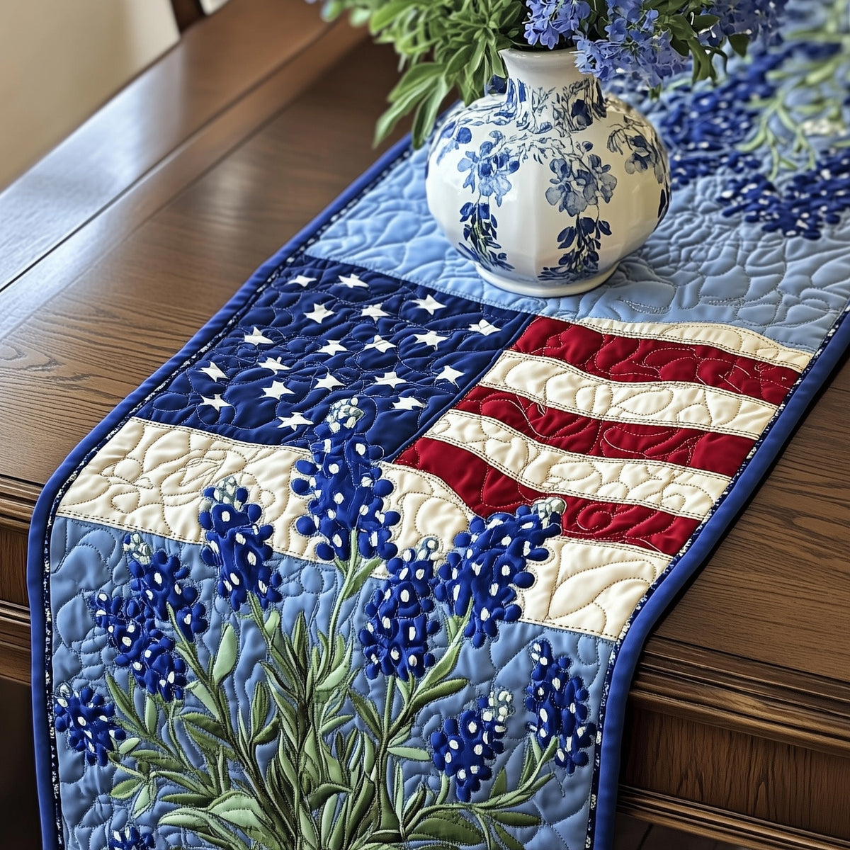 Bluebonnets with Stars and Stripes Table Runner