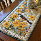 Songbird in Yellow Flowers with Blue Trim Table Runner