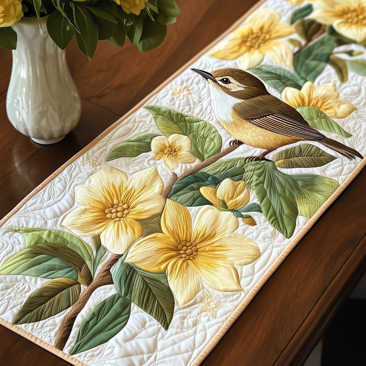 Wren Perched on Pale Yellow Flowers Table Runner