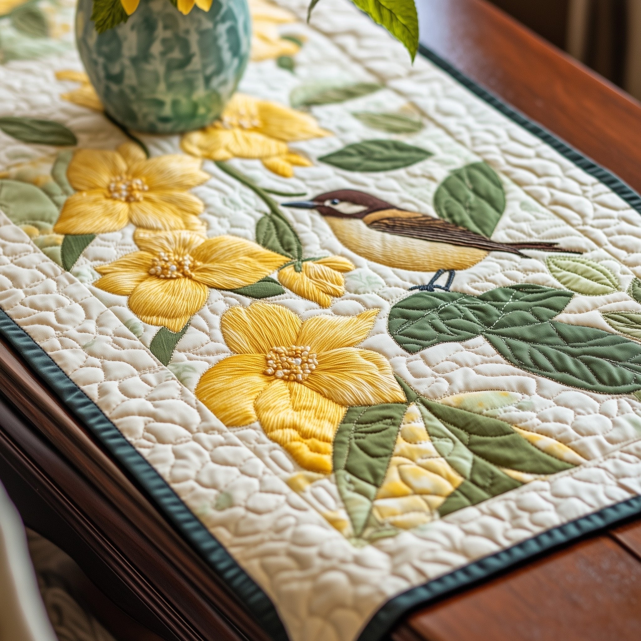 Bird in Yellow Blooms with Green Border Table Runner