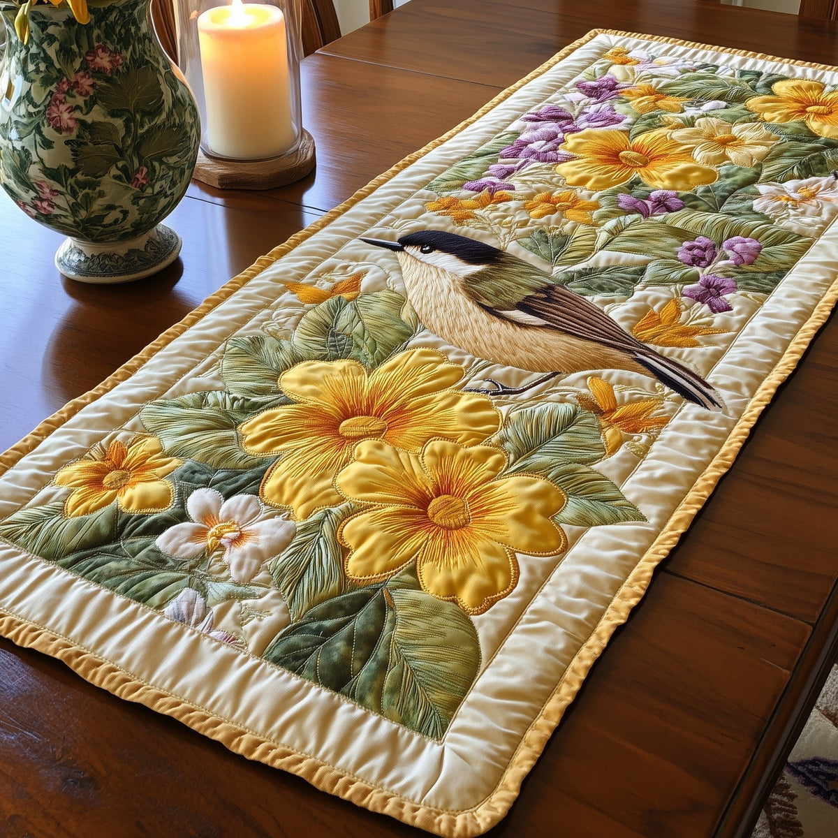 Chickadee Among Yellow and Purple Flowers Table Runner
